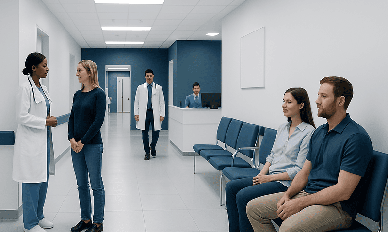 Medical consultation in a hospital waiting area with healthcare professionals and patients.