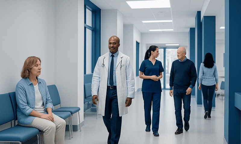 Medical professionals and patients in a hospital corridor at Acibadem Hospitals Group.