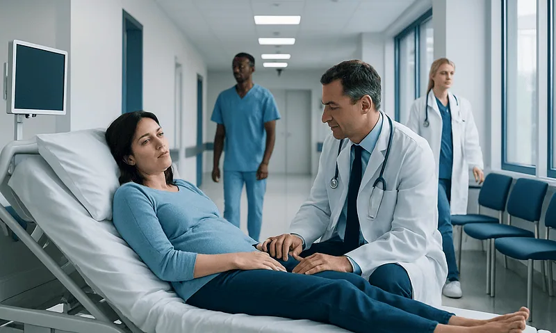 Doctor consulting pregnant woman in hospital corridor.