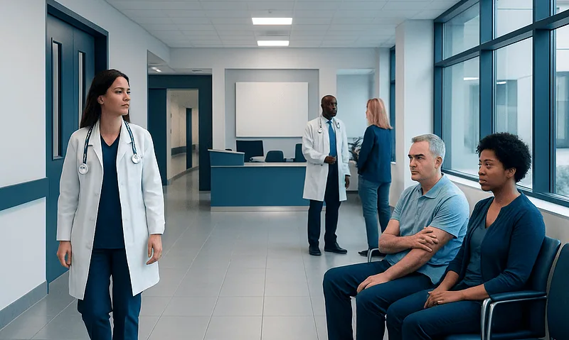 Medical professionals and patients in a hospital waiting area.