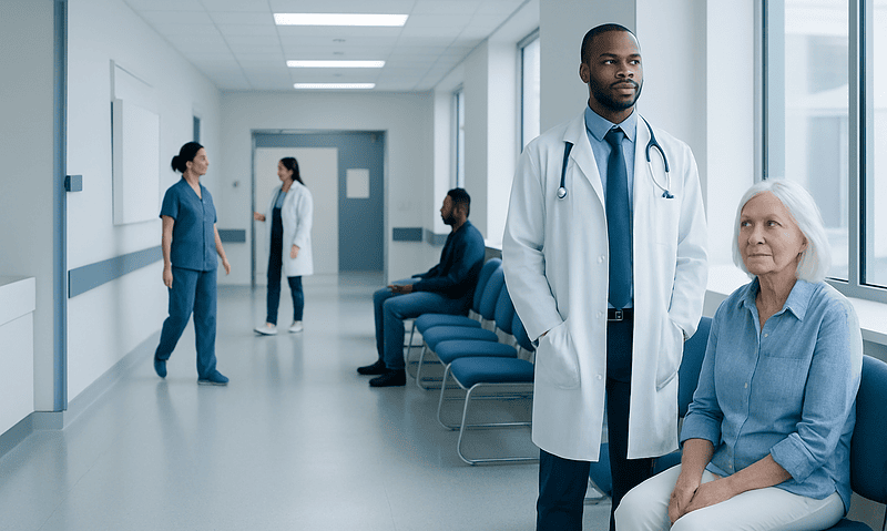 Medical professionals and patients in a hospital corridor.