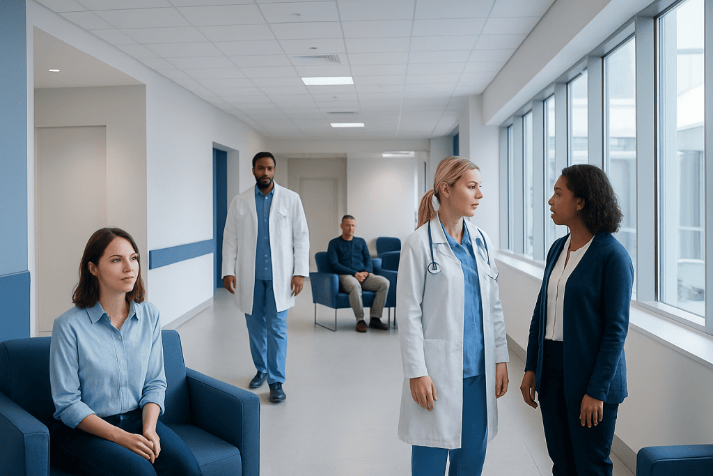 Understanding Oligodendroglioma: A Complete Patient Guide 1 Medical professionals consulting in a hospital corridor with patients nearby.