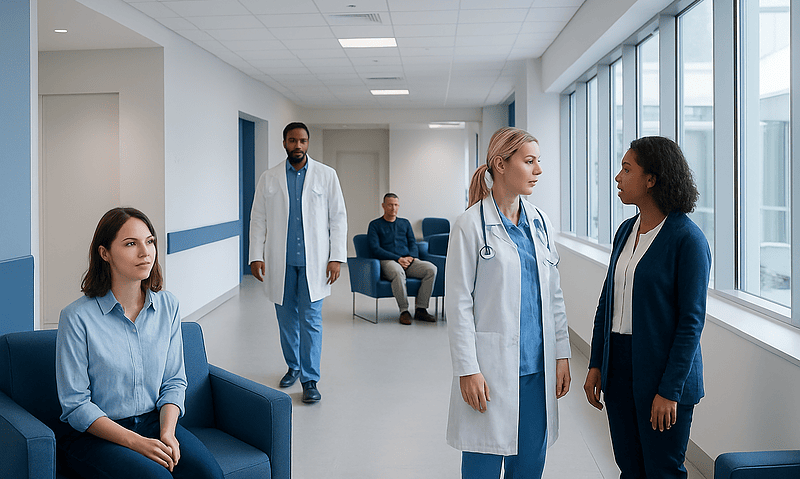 Medical professionals consulting in a hospital corridor with patients nearby.