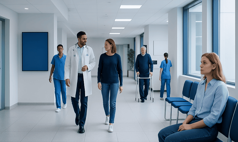 Medical professionals and patients in a hospital corridor at Acibadem Hospitals Group.