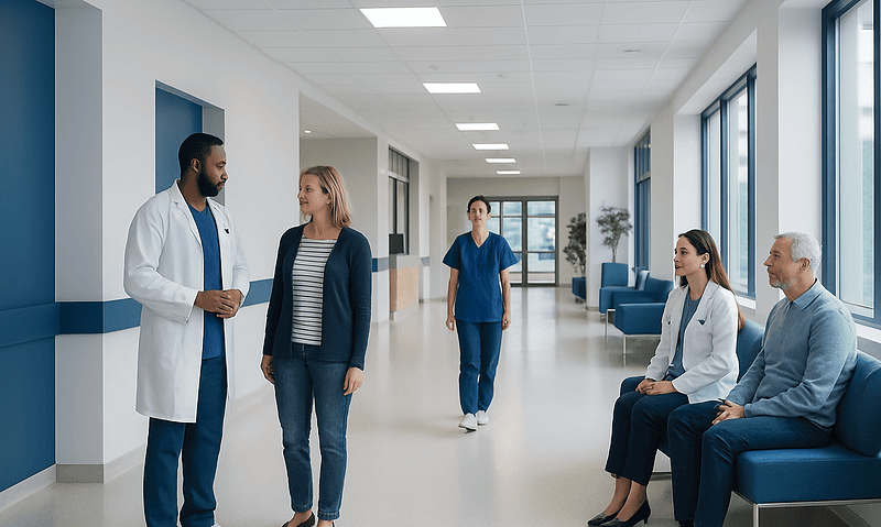 Medical team consulting patient in hospital corridor at Acibadem Hospitals.