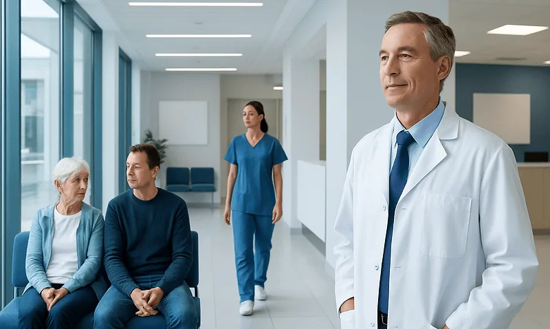 Doctor waiting in hospital corridor with patients and nurse.
