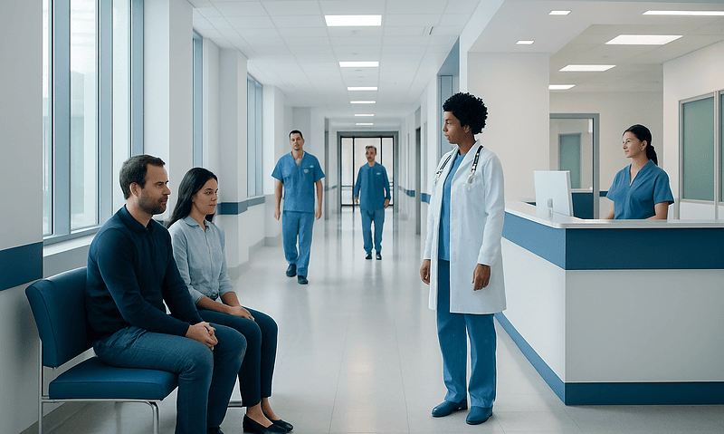 Medical consultation in a modern hospital corridor with healthcare professionals and patients.