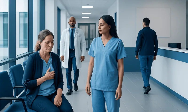 Medical staff attending to a patient in a hospital corridor.