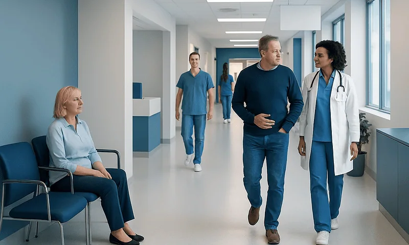 Healthcare professionals and patient in a hospital corridor at Acibadem Hospitals Group.