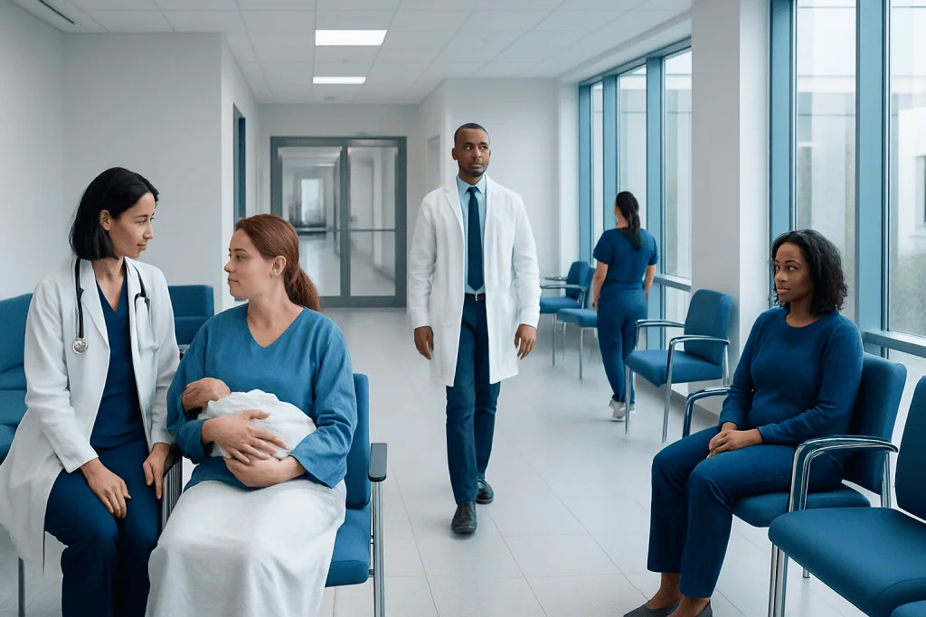 Postpartum Hemorrhage — Explained by Medical Evidence, Not Myths 1 Hospital corridor with medical staff and patients in blue scrubs.