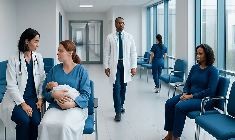 Hospital corridor with medical staff and patients in blue scrubs.