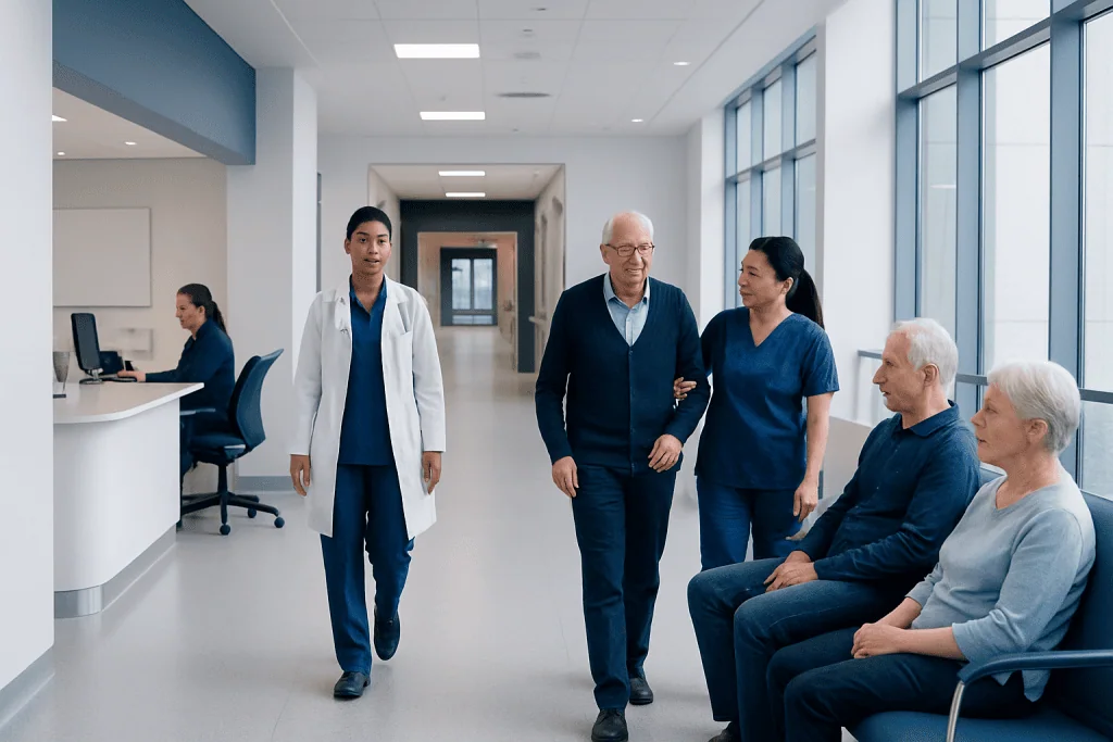 Understanding Sideroblastic Anemia: A Complete Patient Guide 1 Patients and healthcare staff in a modern hospital corridor at Acibadem Hospitals Group.