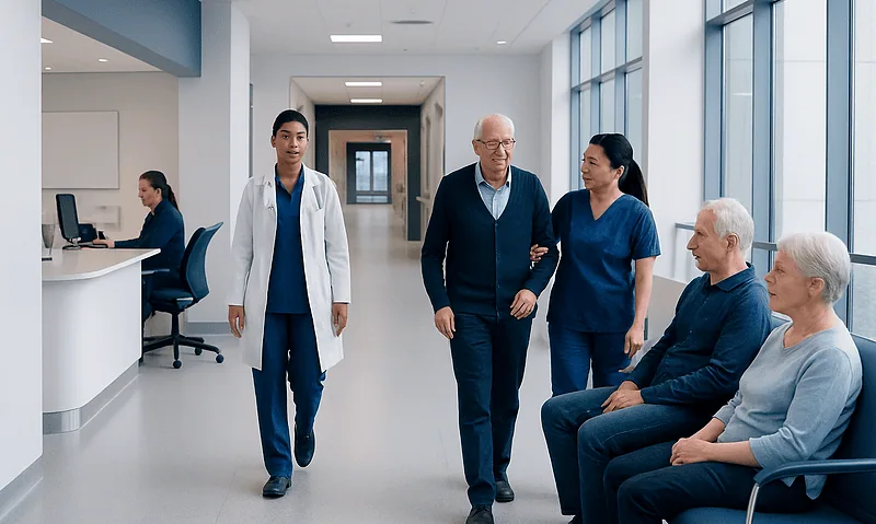 Patients and healthcare staff in a modern hospital corridor at Acibadem Hospitals Group.