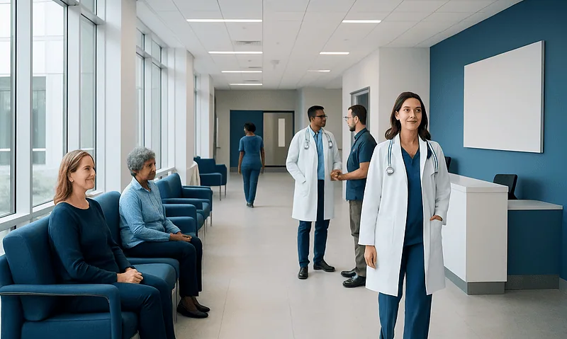 Medical team and patients in a hospital corridor at Acibadem Hospitals Group.