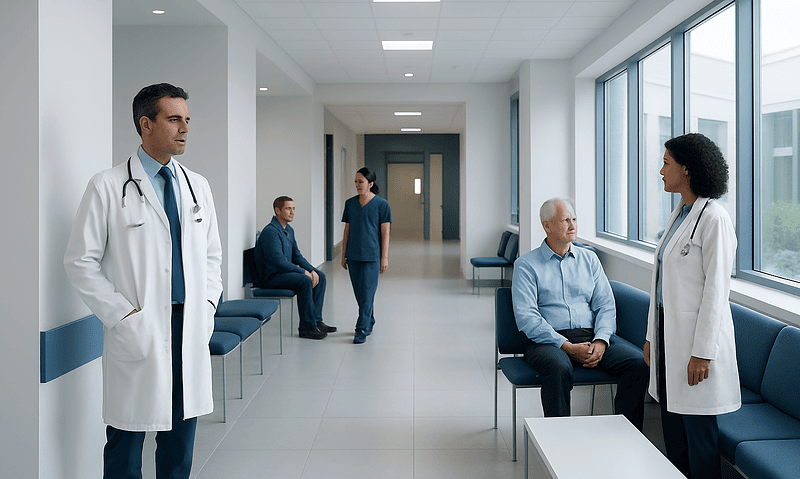 Medical professionals and patients in a modern hospital corridor.
