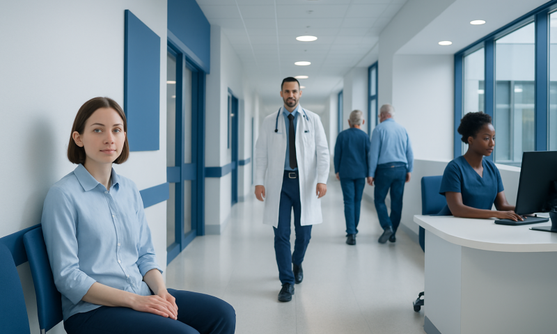 Medical professionals and patients in a modern hospital corridor.