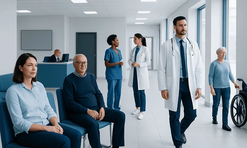 Medical professionals and patients in a hospital corridor.