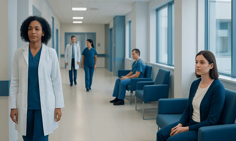Healthcare professionals and patients in a modern hospital corridor.