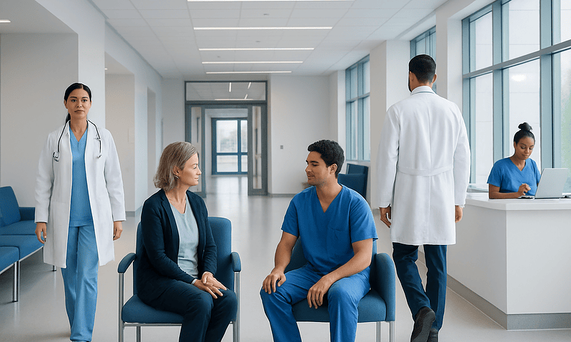 Medical team consulting in a modern hospital corridor.