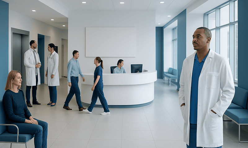 Modern hospital lobby with medical staff and patients in a bright, spacious setting.