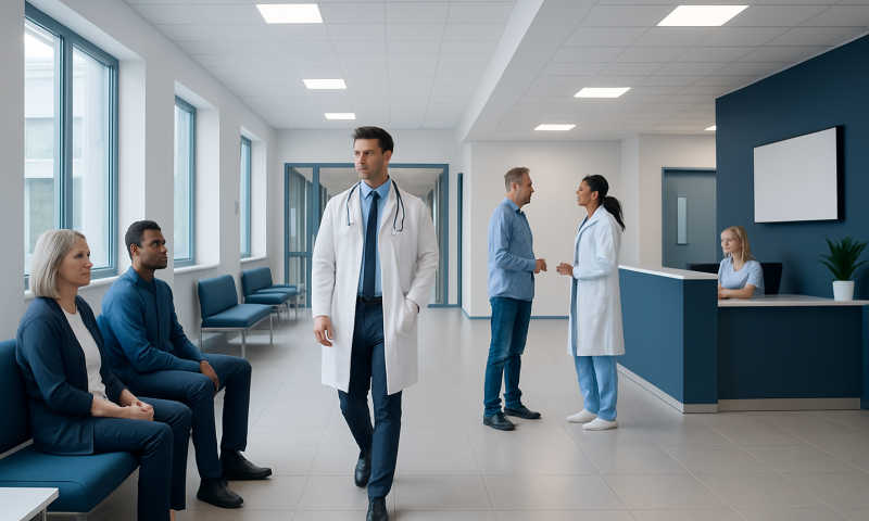 Medical consultation in a modern hospital waiting area with doctors and patients.