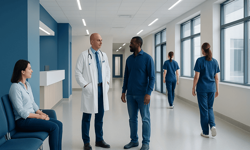 Doctors and nurses in a modern hospital corridor engaging in conversation.