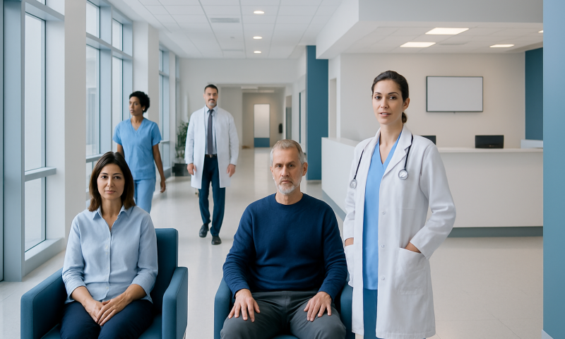 Medical team with patient in hospital corridor at Acibadem Hospitals Group.