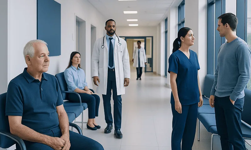 Medical team consulting patients in hospital corridor.