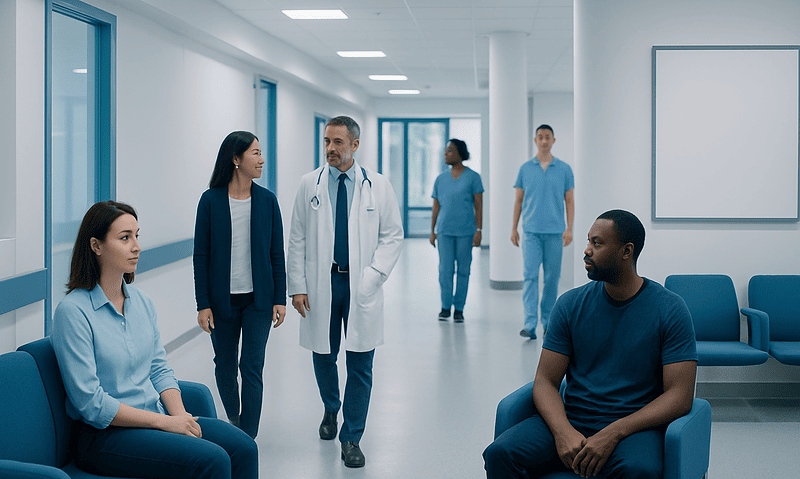 Hospital corridor with medical staff and patients in discussion.