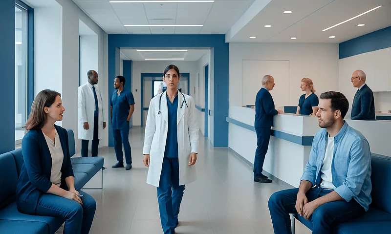 Medical staff and patients in a modern hospital corridor at Acibadem Hospitals Group.