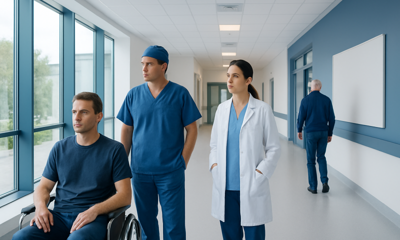 Medical team in hospital corridor with patient in wheelchair and doctor in white coat.
