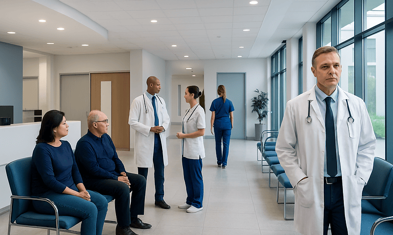 Medical professionals and patients in a modern hospital waiting area.