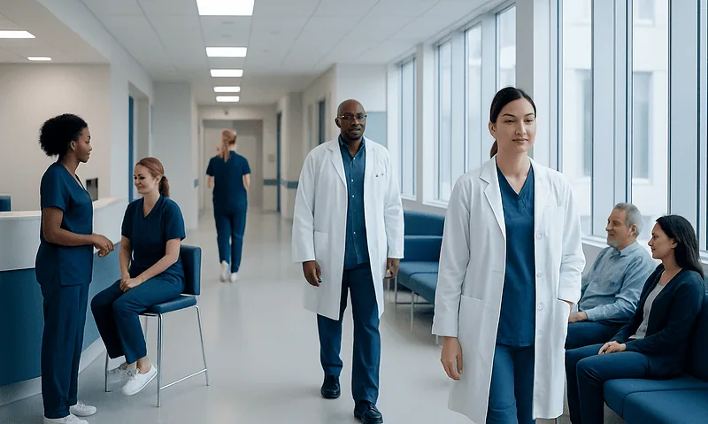 Medical team and patients in a modern hospital corridor.