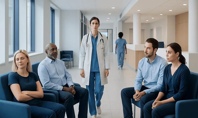 Medical team consulting patients in a hospital waiting area.