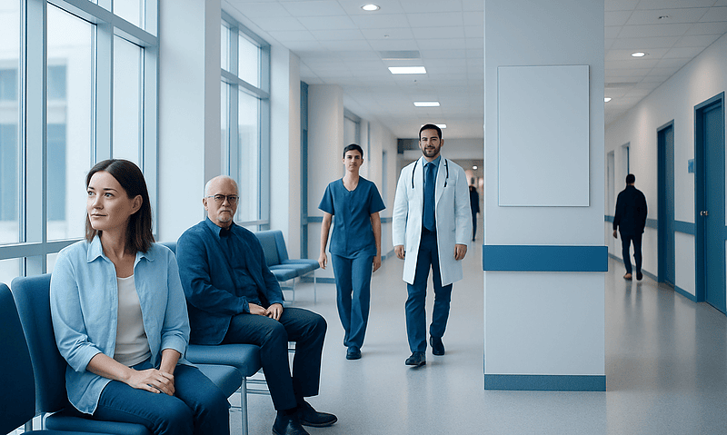 Medical professionals and patients in a hospital corridor at Acibadem Hospitals Group.