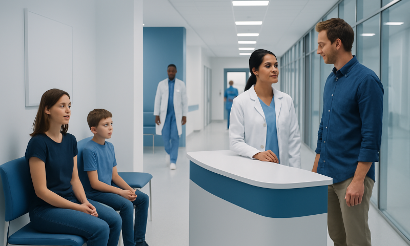 Hospital reception area with medical staff and patients engaging in conversation.