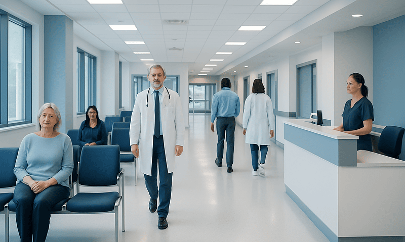 Modern hospital waiting area with doctors and patients at Acibadem Hospitals Group.