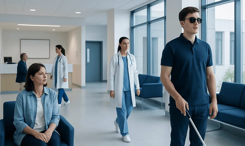 Hospital corridor with medical staff and a patient using a white cane.