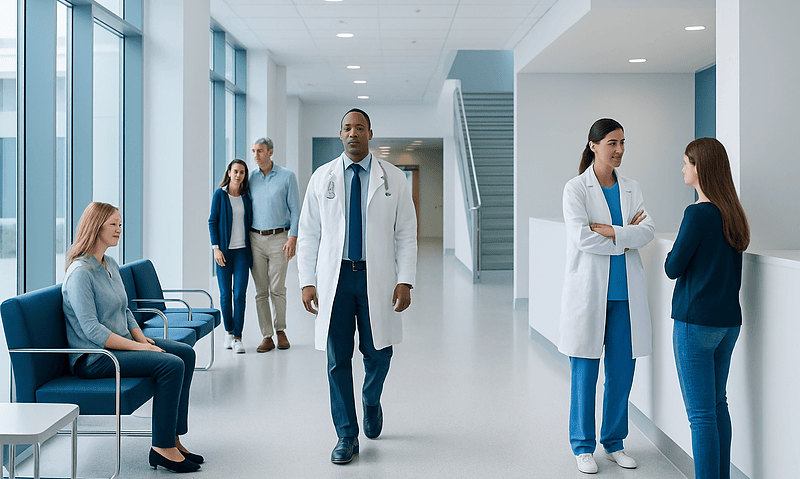 Medical staff and patients in a modern hospital corridor.