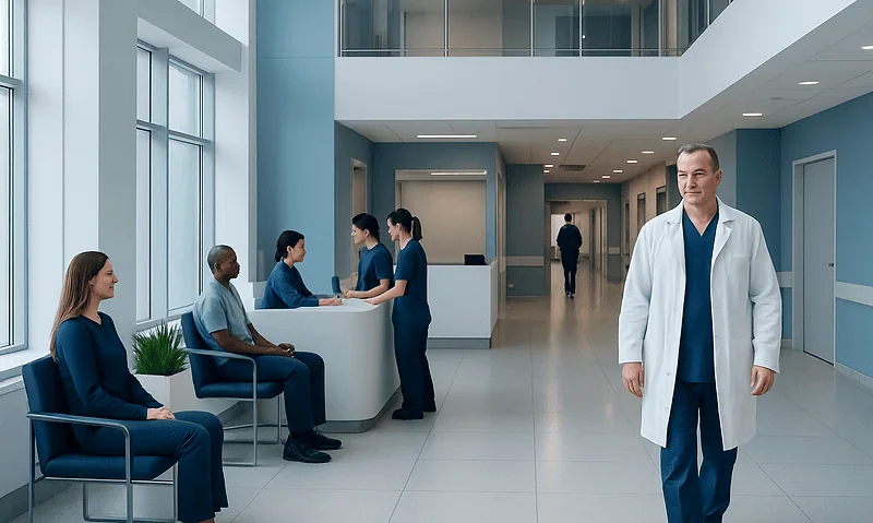 Modern hospital interior with medical staff and patients in waiting area.