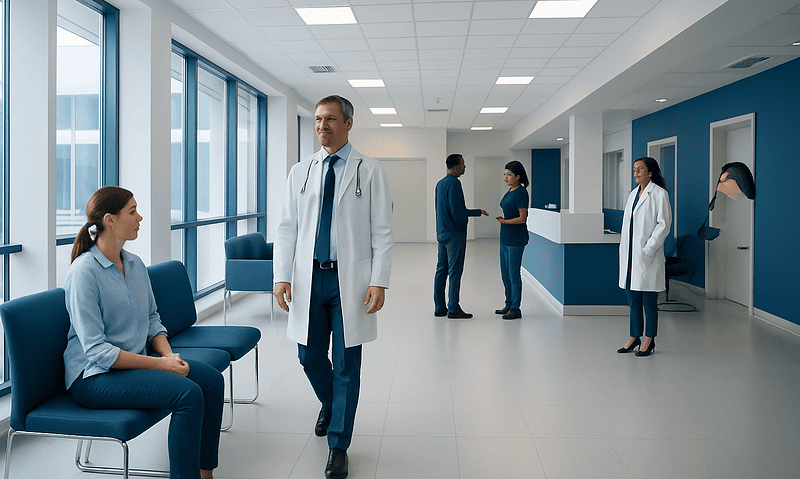 Medical professionals and patients in a modern hospital corridor.