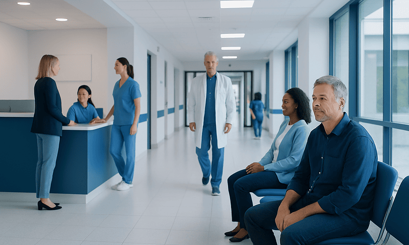 Patients waiting in a hospital corridor with medical staff nearby.