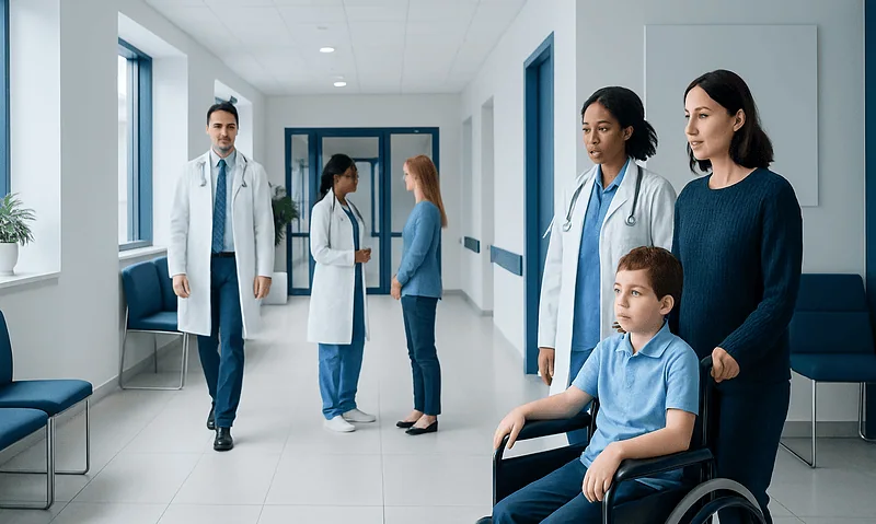 Medical team and patient in hospital corridor at Acibadem Hospitals Group.