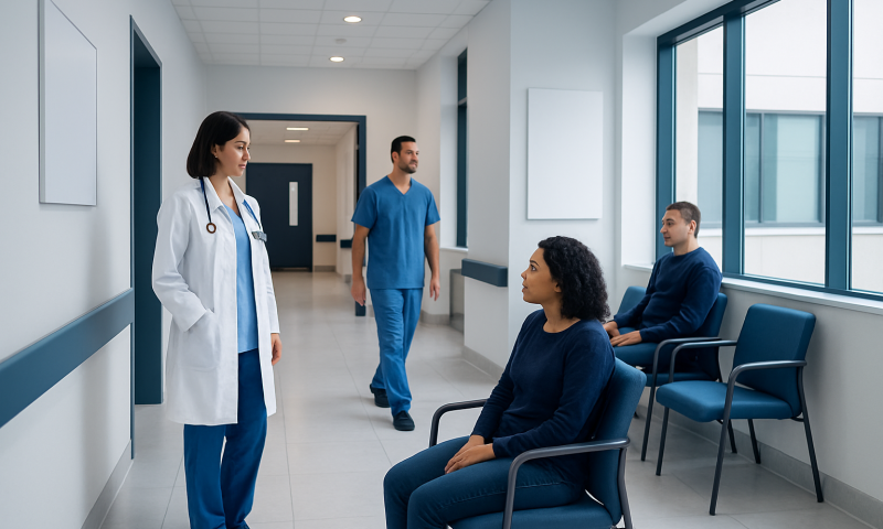 Medical professionals consulting with patients in a hospital corridor.