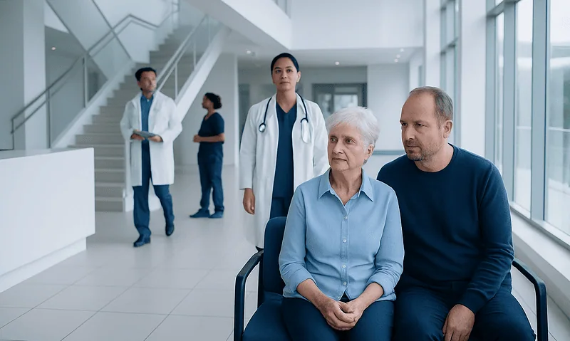 Medical team with elderly patient in hospital lobby.