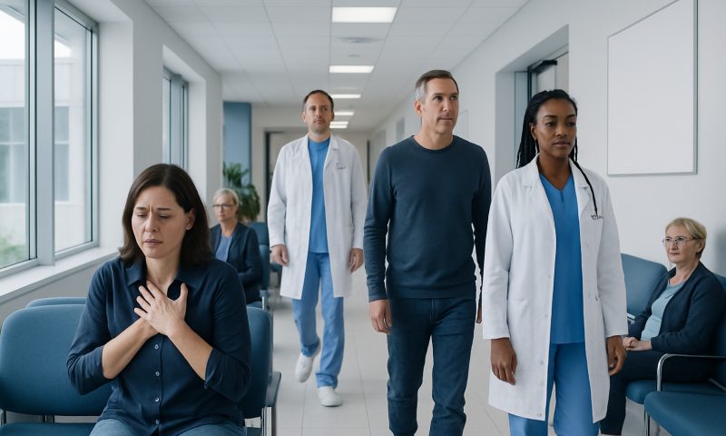 Choking: What Patients Need to Know 5 Patient experiencing choking symptoms in a hospital waiting area.