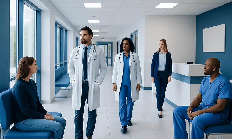 Medical team consulting with patient in hospital corridor.