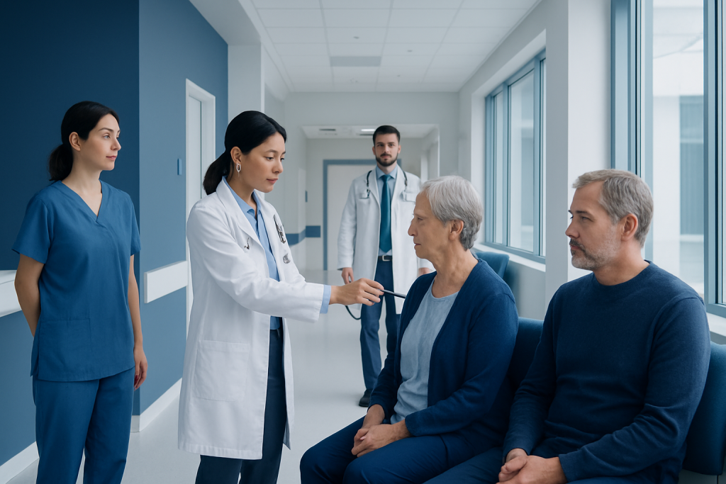 White Coat Syndrome: Symptoms, Causes, and Treatment Options 1 Doctor examining elderly patient in hospital corridor with medical staff nearby.