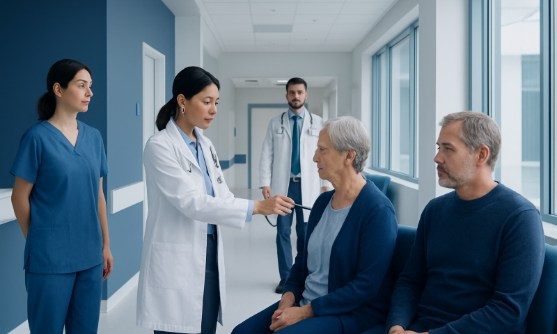 Doctor examining elderly patient in hospital corridor with medical staff nearby.