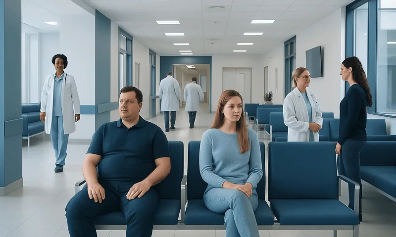 Patients waiting in a modern hospital corridor with medical staff nearby.